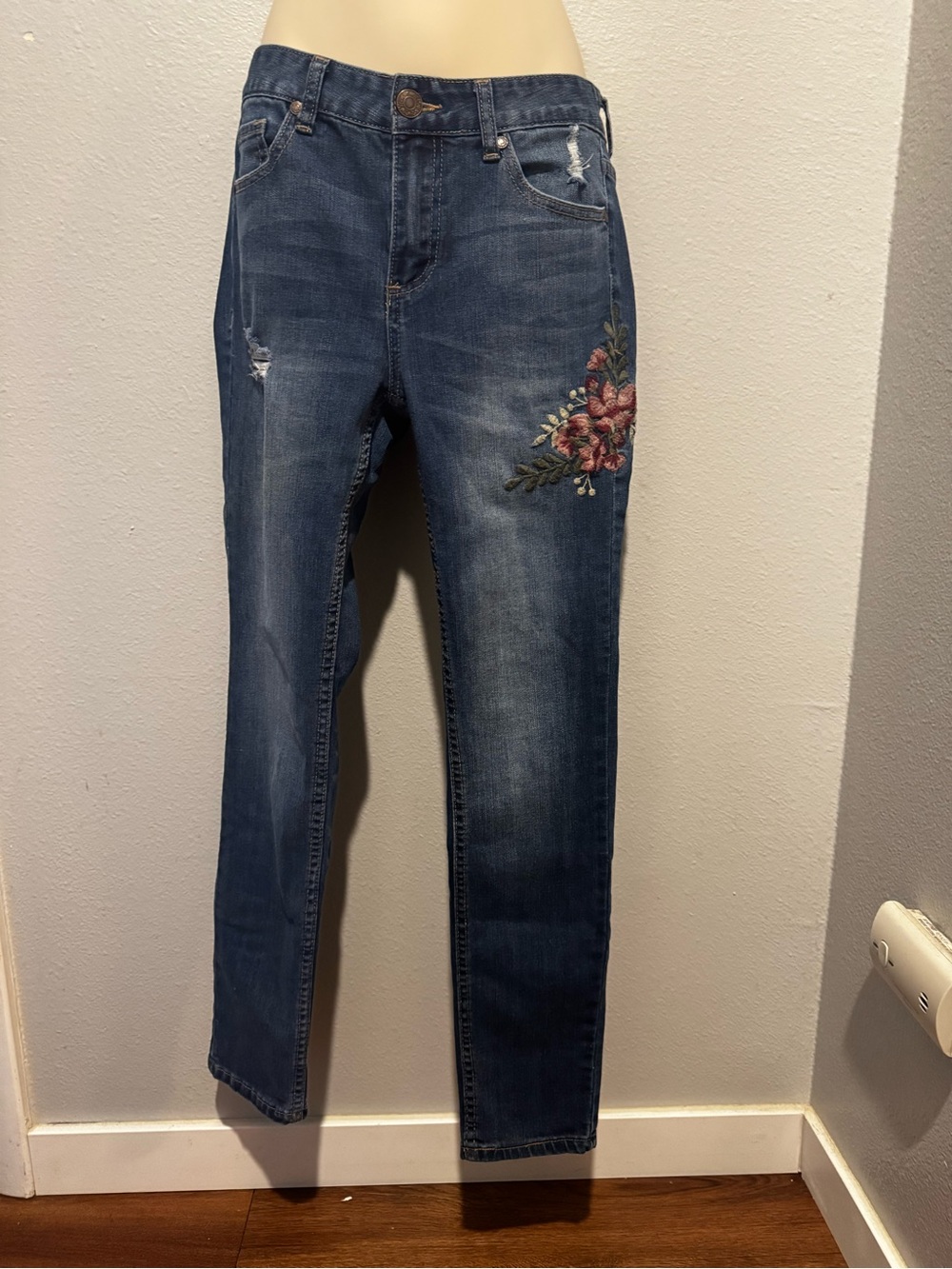 Harper Dark Blue Skinny Jeans with Floral Embroidery